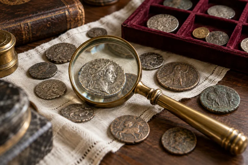 Escena generada de una colección de monedas antiguas y una lupa de latón sobre una mesa